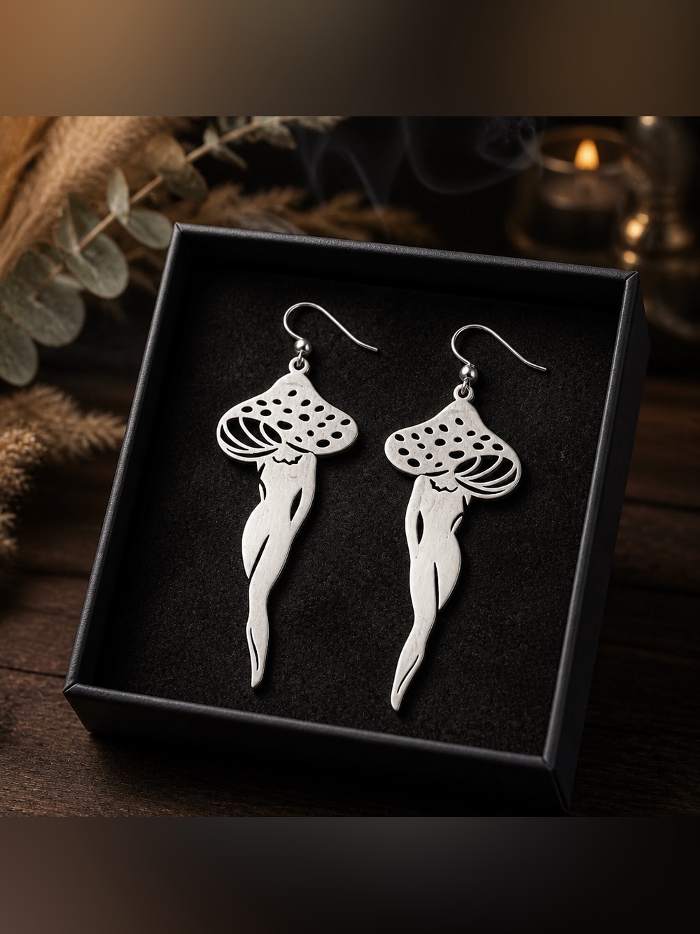 Sexy Silver Mushroom Lady Dangle Earrings - hypoallergenic hooks